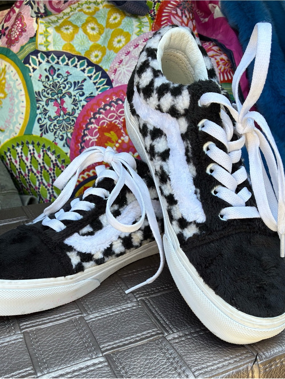 Fuzzy Black & White Checkerboard Lace-Up Sneakers